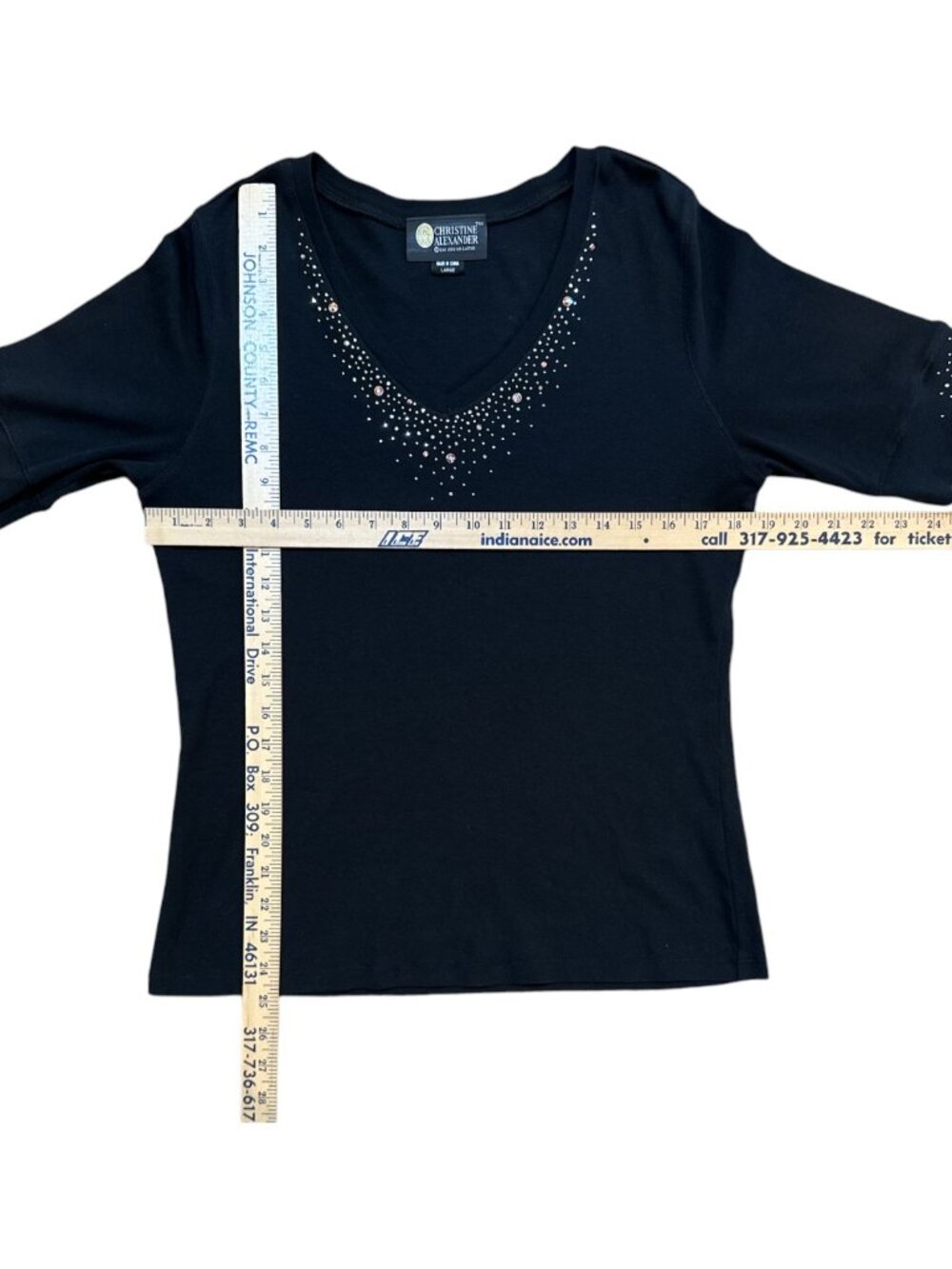 Christine Alexander Sz L Black & Sparkle & Stud V-Neck Short Sleeve Top - Picture 7 of 7